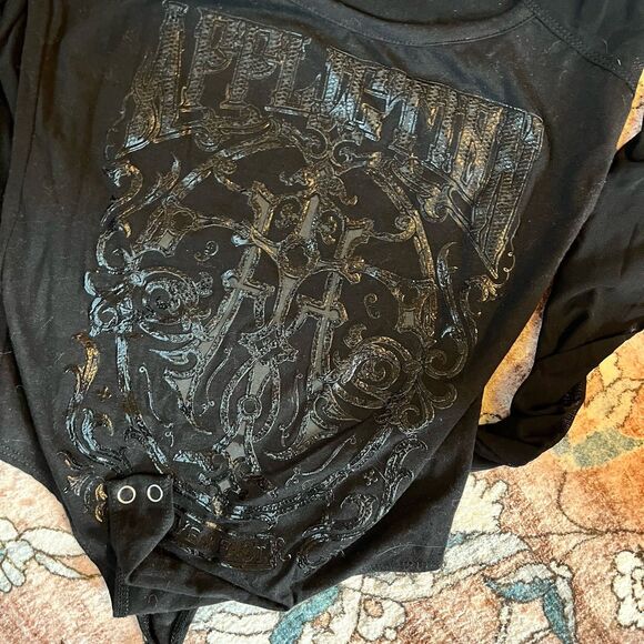 Affliction Live Fast Women’s Bodysuit Size XS Sheer Mesh Low Cut Black Moto - Picture 7 of 10